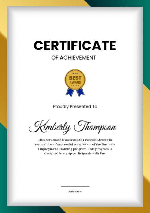 Dark Green and Gold Certificate of Achievement A4 Template | PosterMyWall