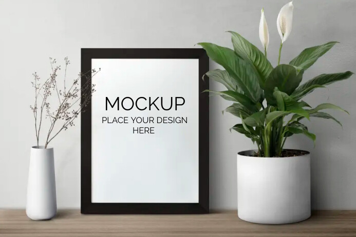 Dark modern picture frame on a shelf Poster template