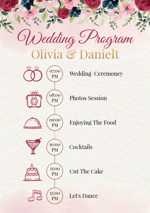 Layout Event Program Design Color Pink Dark Pink Floral Wedding Program Template A4 | PosterMyWall
