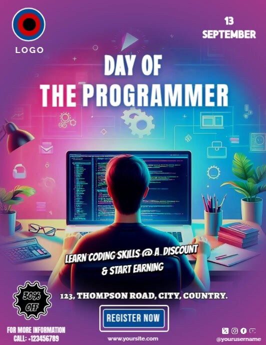 Day Of The Programmer ใบปลิว (US Letter) template