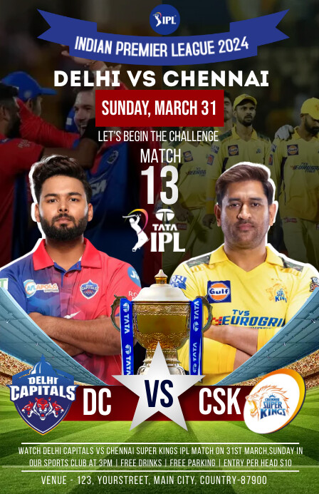Plantilla de DC vs CSK ipl match Poster Template | PosterMyWall