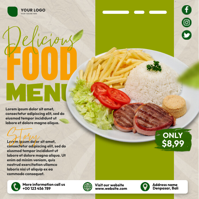 Delicious Food Menu Flyers Wpis na Instagrama template