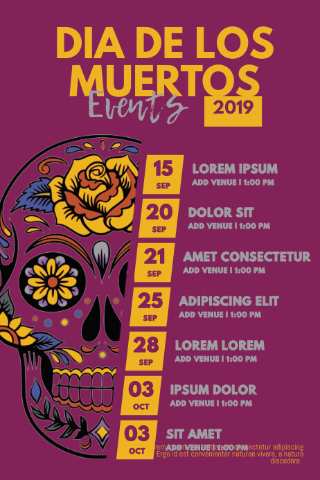Purple Events Schedule Dia De Los Muertos Poster Template | PosterMyWall Purple Events Schedule Dia De Los Muertos Poster Template | PosterMyWall