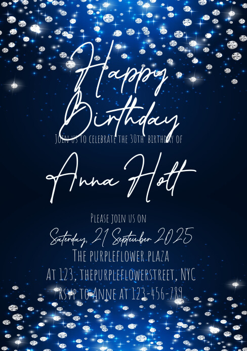 Diamond dark blue birthday invitation A5 template