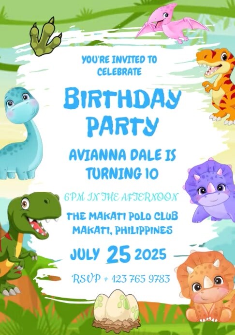Digital Dinosaur Birthday Party Invitation for Kids A4 template