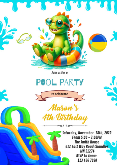 Dinosaur Pool Party Invitation A6 template
