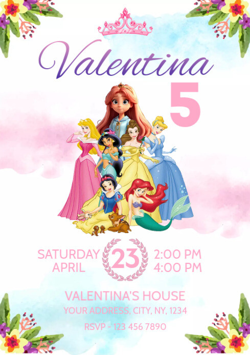 Disney Princess Design Birthday Invitation A4 template