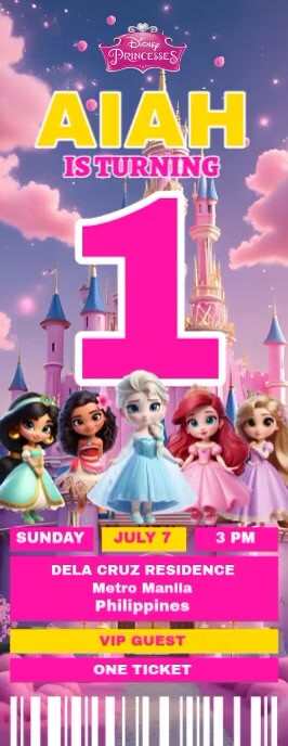 DISNEY PRINCESSTHEME BIRTHDAY INVITATION TICKET FOR KIDS Door Hanger template