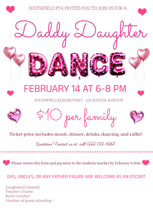 DIY Daddy Daughter Dance Flyer Printable, Editable School Dance Fundraiser Invite A6 template