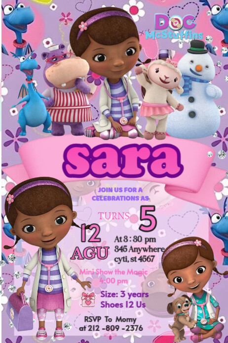 Doc McStuffins invitation Brithday party temple Gril celebration happy kids Disney Poster template