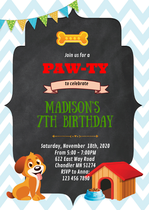 Dog birthday party invitation A6 template