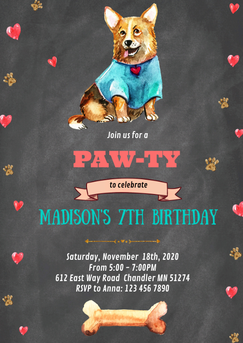 Dog birthday party invitation A6 template