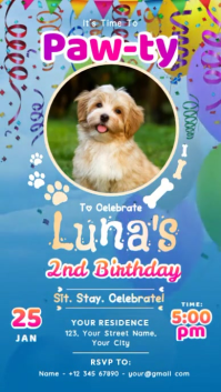 Dog Birthday Party Invitation Video Template  Digital Display (9:16)