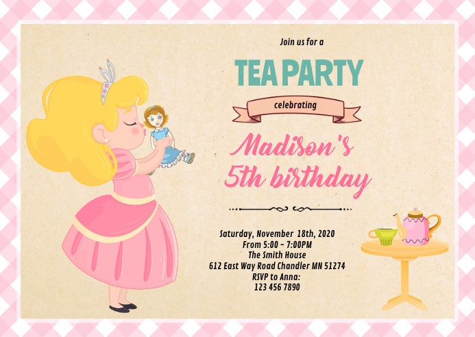 Doll tea party invitation A6 template