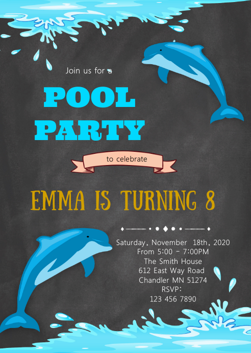 Dolphin birthday bparty invitation A6 template