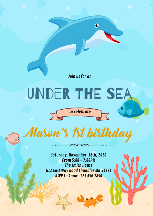 Dolphin birthday invitation A6 template