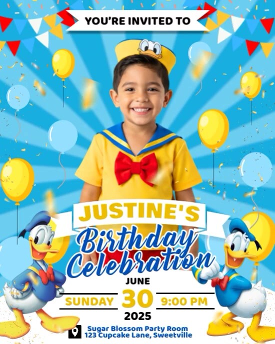 donuld duck theme birthday invitation for kids Instagram Portrait template