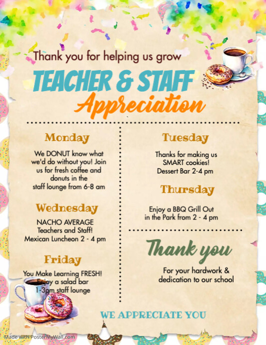 Donut coffee Teacher Appreciation Itinerary Flyer (US Letter) template
