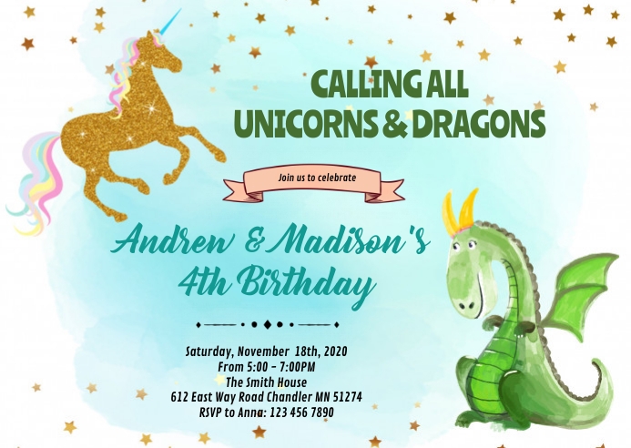 Dragon unicorn birthday party invitation A6 template