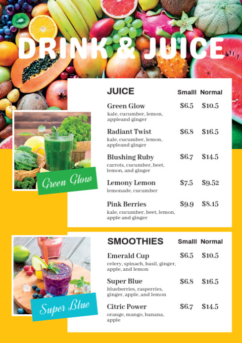 Drink & Juice  Menu Flyer A4 template