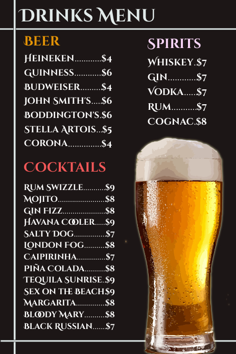 Drinks Card Beer Menu Flyer Poster Template Postermywall