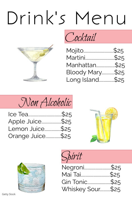 Drinks menu Cocktail Non Alcoholic Spirit Template | PosterMyWall
