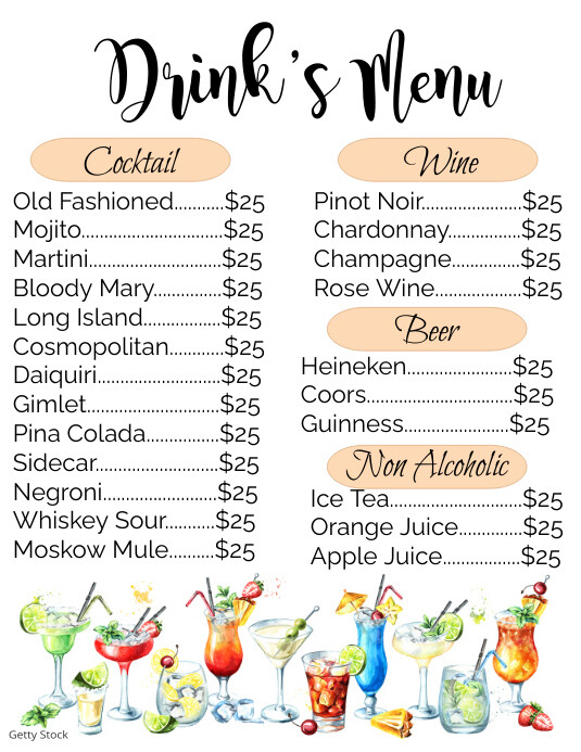 Drinks Menu Cocktail Wine beer non alcoholic Template | PosterMyWall