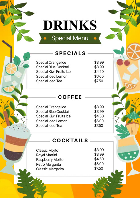 Drinks Special Menu A4 template