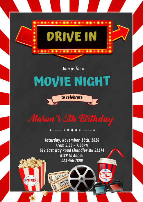 Drive in movie night birthday invitation A6 template