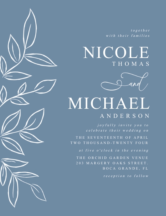 Dusty Blue Elegant Leaves Wedding Invitation Template PosterMyWall
