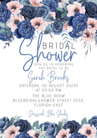 Dusty blue floral bridal shower invitation A5 template
