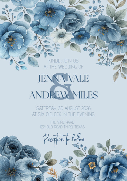 Dusty flower blue wedding invitation A5 template
