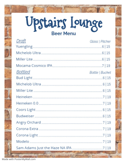 Upstairs Lounge Beer Menu PosterMyWall