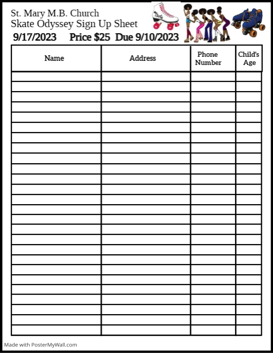 Skating Sign up sheet PosterMyWall