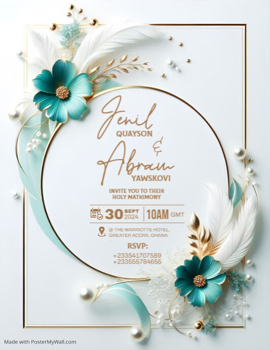 Gold and Turquoise Aqua Blue Wedding Invitation