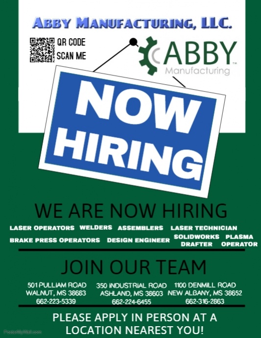 Abby Manufacturing NOW HIRING PosterMyWall