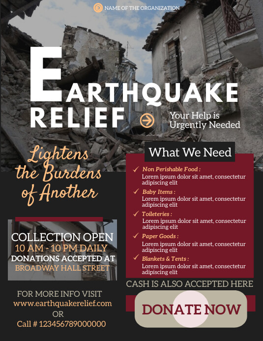 Earthquake Relief,Charity for earthquake vict Ulotka (US Letter) template