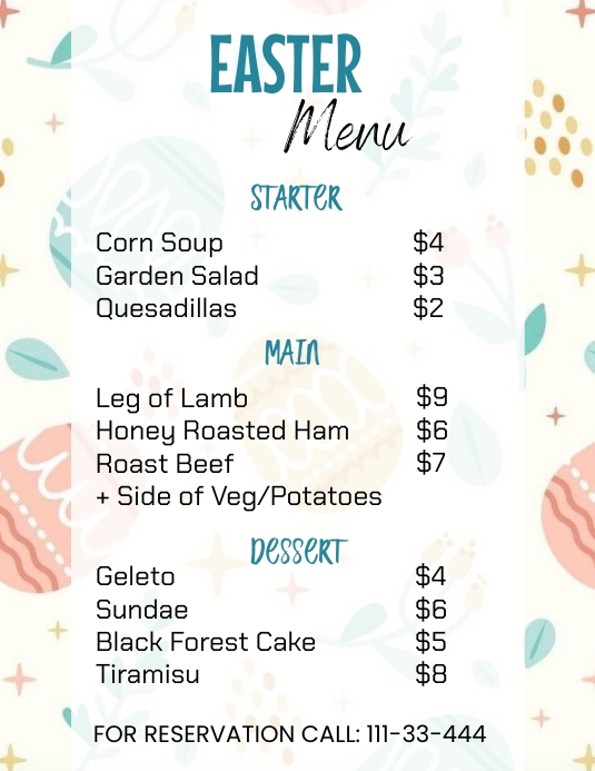 Easter Restaurant Menu Card Template | PosterMyWall