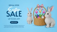 easter sale banner with porcelain rabbits and wicker basket with eggs Presentation (16:9) template