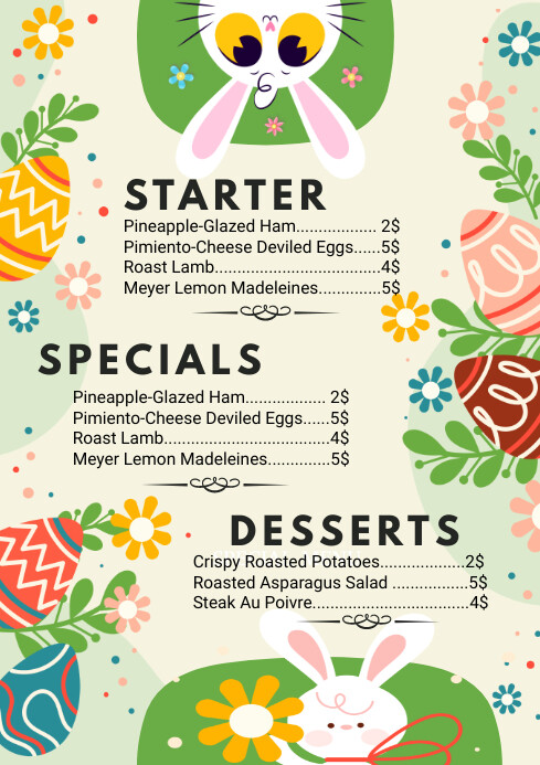 easter special menu ,menu A4 template