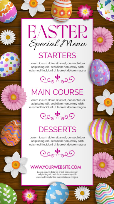 Copy of easter special menu with flowers and colorful eggs on wooden ...