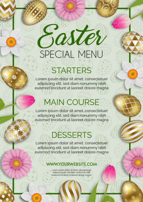 easter special menu with flowers and gold decorated eggs Template ...