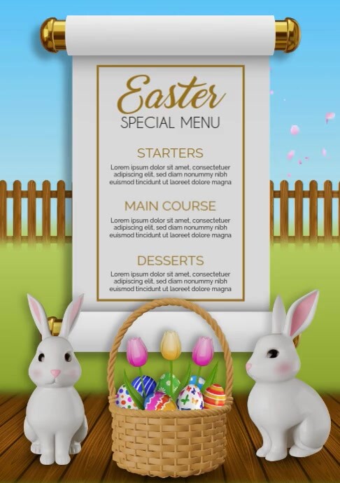 easter special menu  with rabbits and wicker basket with eggs and tulips A4 template