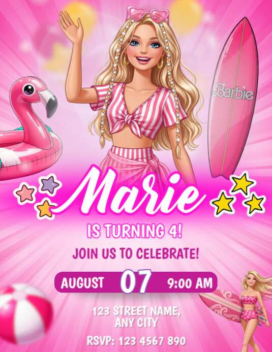 Editable Barbie Malibu Birthday Invitation Template | PosterMyWall