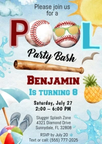 Editable Baseball Pool Birthday Party Invitation A6 template
