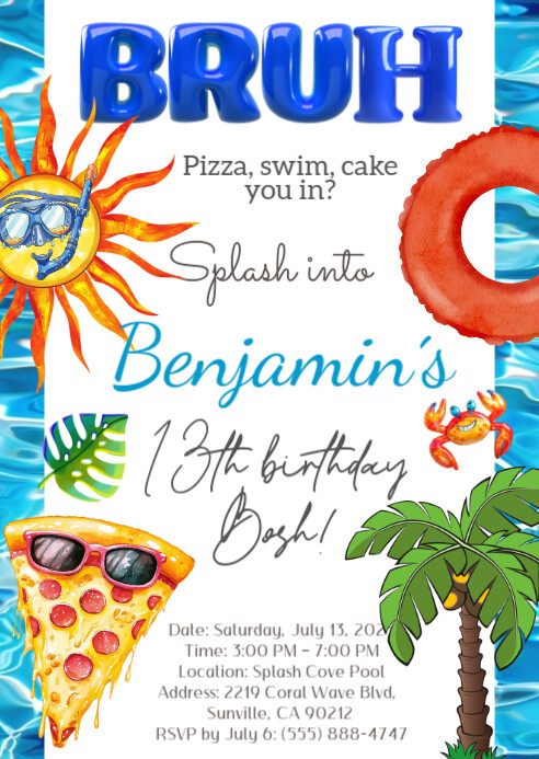 Editable Boys' POOL Birthday Invite Template A6