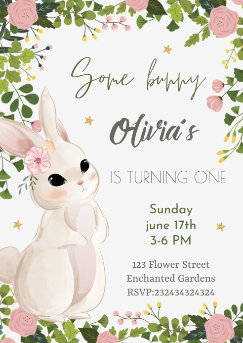 Bunny Rabbit Party Invitations First Birthday Invitation A6 Template | PosterMyWall