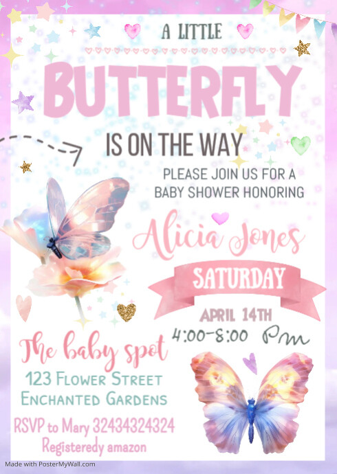 Plantilla de Editable Butterfly Baby Shower Invitation | PosterMyWall