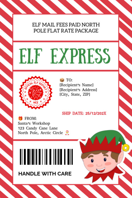 Plantilla de Editable Elf Express Label, Elf Mail, North Pole Delivery ...