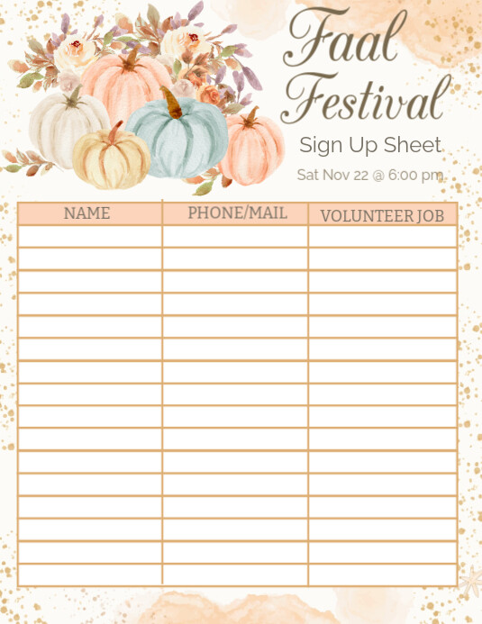 Fall Sign Up Editable Fall Festival Volunteer Sign Up Sheet Template | PosterMyWall